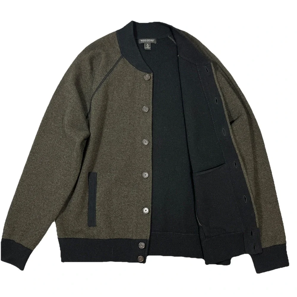 Banana Republic Mens XL Wool Birdseye Bomber Sweater Jacket Dark Gray Buttons